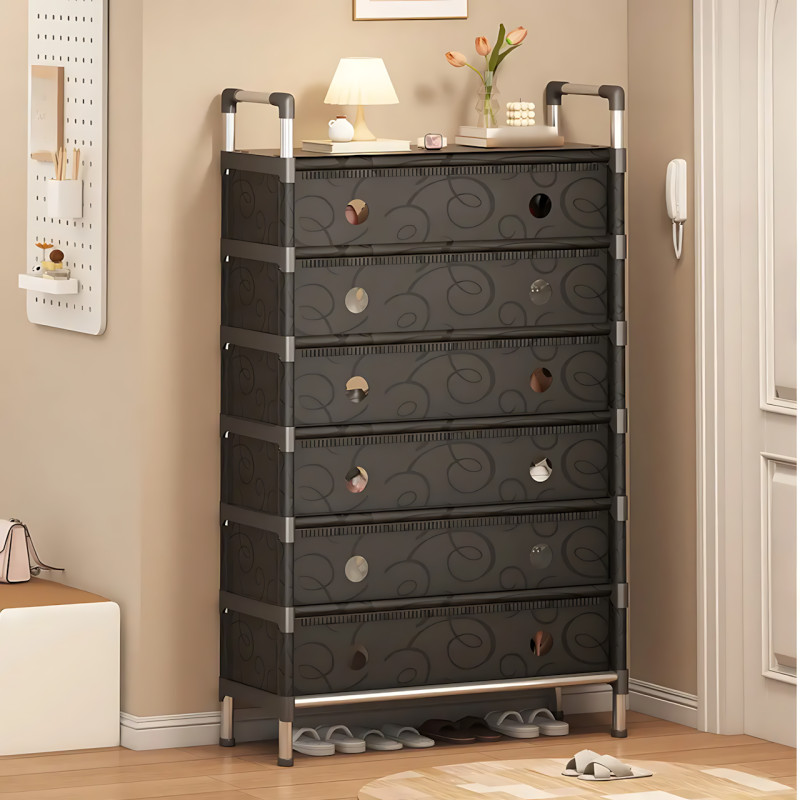 Підлогова полиця для взуття 6-рівнева SKLM-32, металевий каркас і міцний пластик, 140х63х28 см, чорний фото - 2