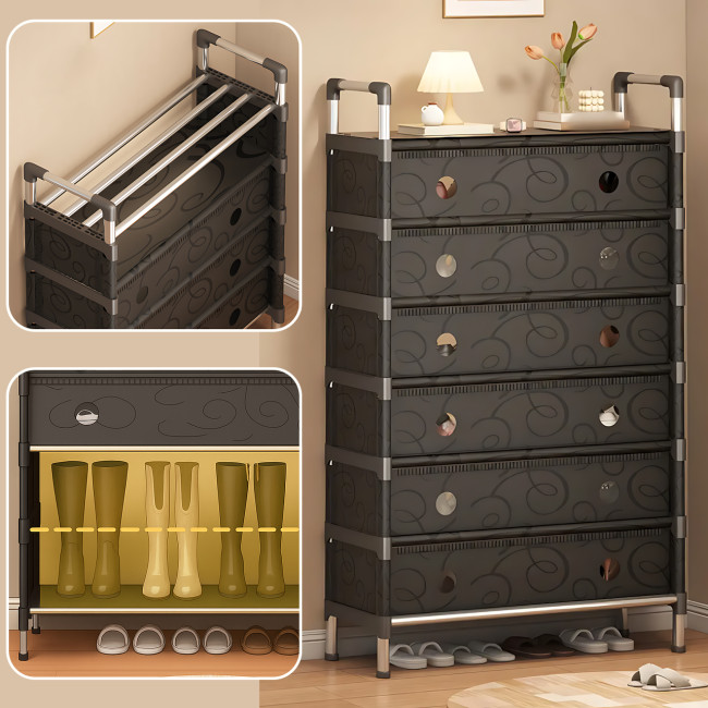 Підлогова полиця для взуття 6-рівнева SKLM-32, металевий каркас і міцний пластик, 140х63х28 см, чорний