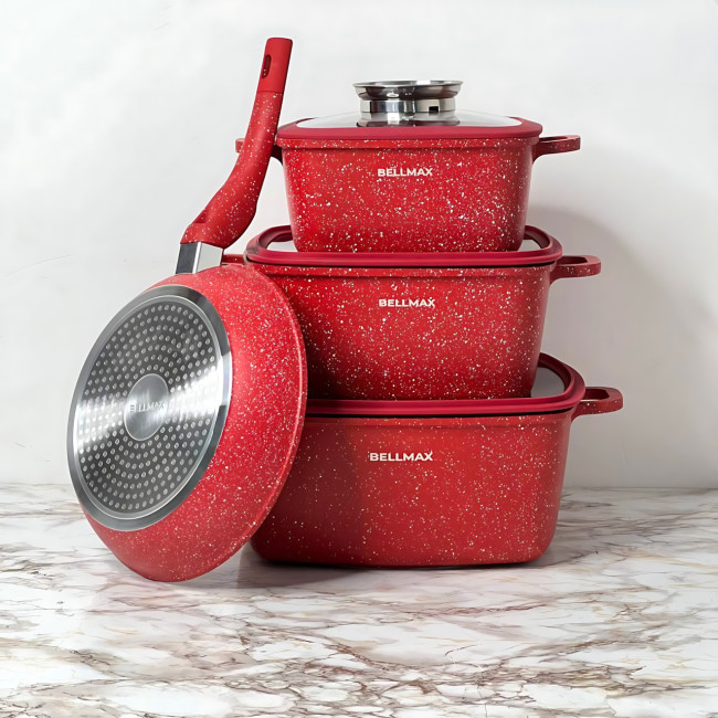 Набор посуды Bellmax Cookware Set BM-132, квадратные кастрюли с гранитным покрытием, сковорода, прихватки Красный