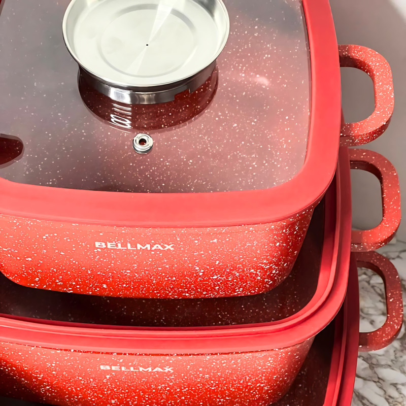 Набор посуды Bellmax Cookware Set BM-132, квадратные кастрюли с гранитным покрытием, сковорода, прихватки Красный фото - 3
