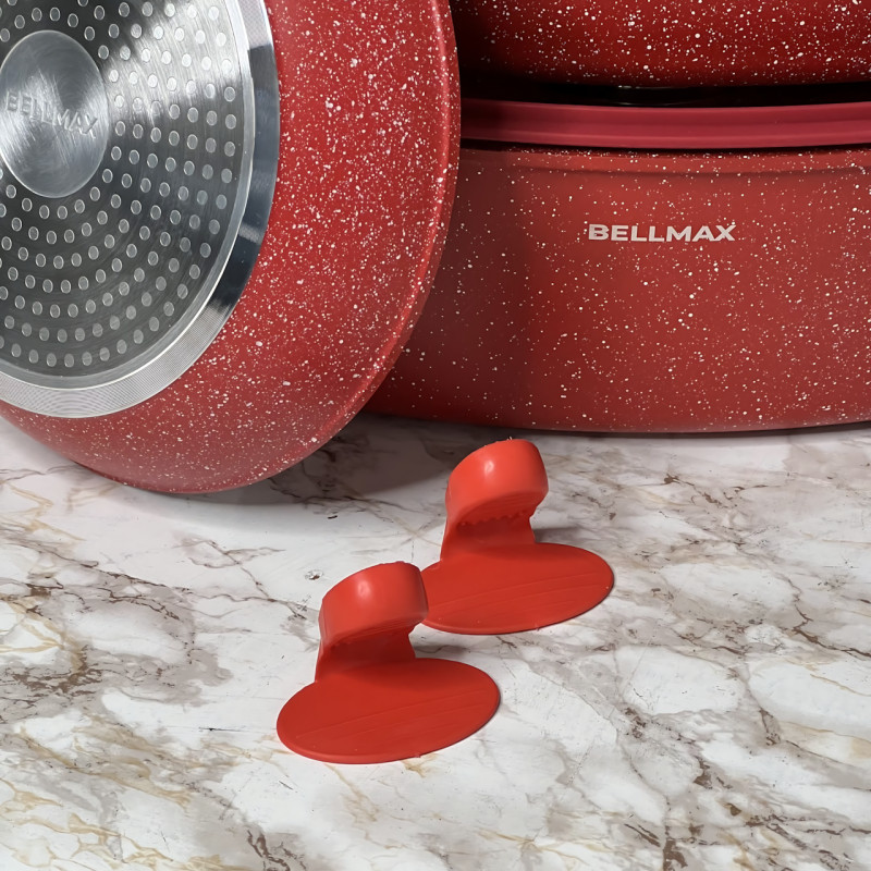 Набор посуды Bellmax Cookware Set BM-132, квадратные кастрюли с гранитным покрытием, сковорода, прихватки Красный фото - 4