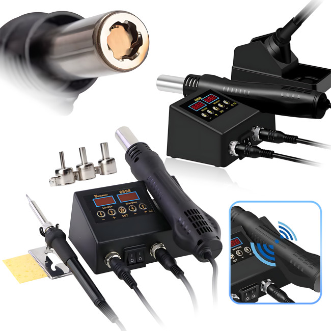 Електрична паяльна станція MA650, 2 в 1, 60 Вт, фен + паяльник, цифровий дисплей, температура 100-500 &deg;C, з насадками