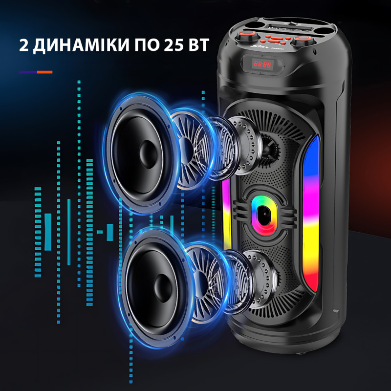 Портативна Bluetooth-колонка 2x8" 25 Вт х2, з мікрофоном, LED-підсвіткою, USB/SD/FM/AUX/BT, дисплеєм, пультом фото - 4