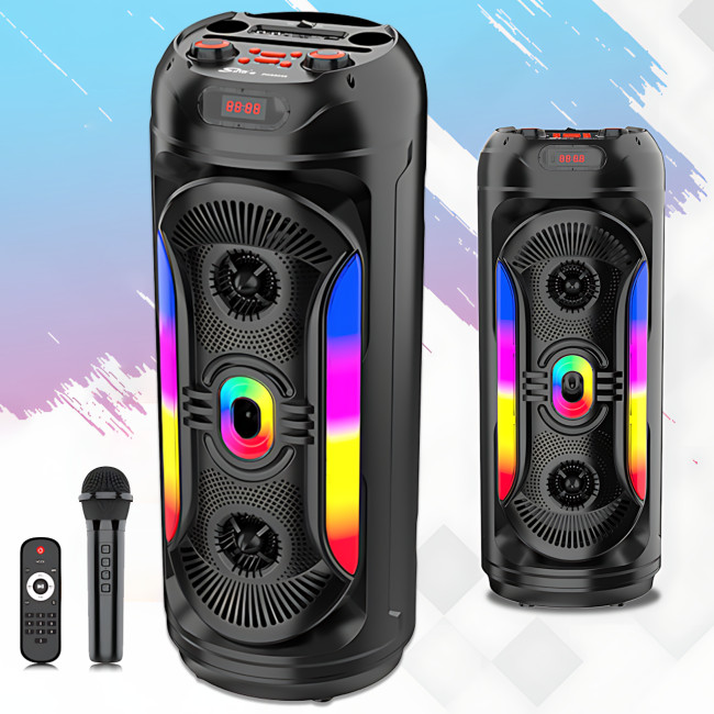 Портативна Bluetooth-колонка 2x8" 25 Вт х2, з мікрофоном, LED-підсвіткою, USB/SD/FM/AUX/BT, дисплеєм, пультом