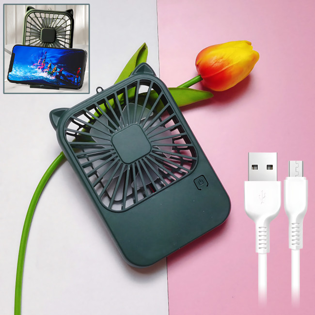 Компактний мінівентилятор Fan AND064 з USB, 3 швидкості, 5 лопатей, 500 мА·год, з підставкою для телефона Зелений