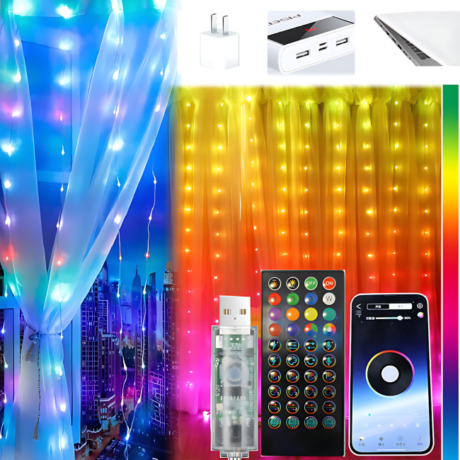 Многоцветная RGB гирлянда-штора SFK-06 3х3 м, USB, с управлением через APP и Bluetooth