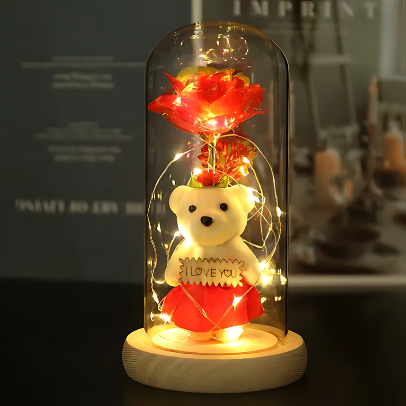 Троянда в скляній колбі Rose of Love з LED-підсвіткою і плюшевим ведмедиком з написом I LOVE YOU, червоний фото - 10