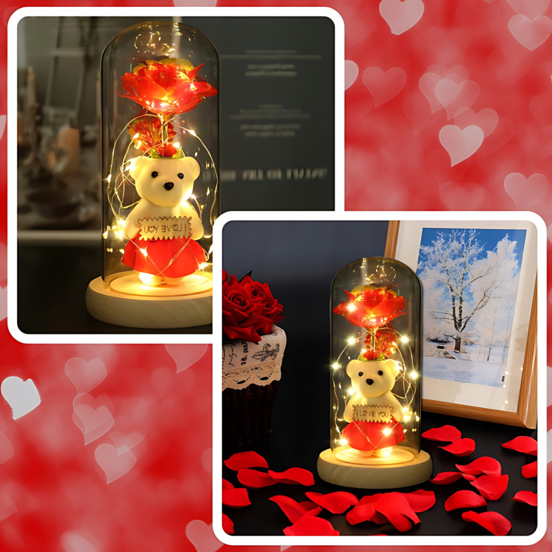 Троянда в скляній колбі Rose of Love з LED-підсвіткою і плюшевим ведмедиком з написом I LOVE YOU, червоний фото - 7