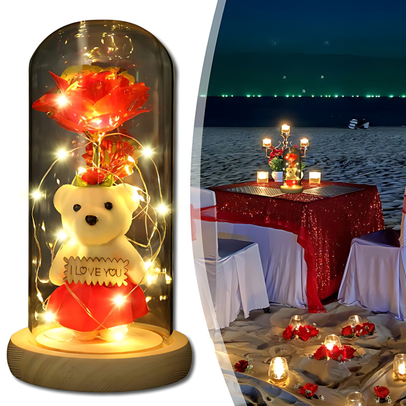 Троянда в скляній колбі Rose of Love з LED-підсвіткою і плюшевим ведмедиком з написом I LOVE YOU, червоний фото - 6