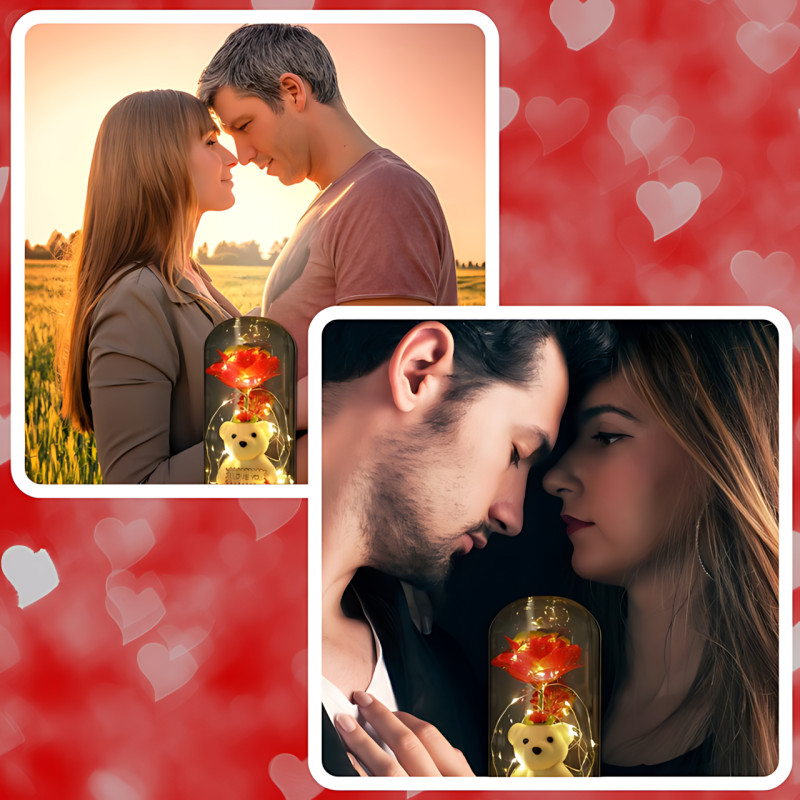 Троянда в скляній колбі Rose of Love з LED-підсвіткою і плюшевим ведмедиком з написом I LOVE YOU, червоний фото - 8