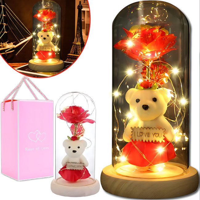Троянда в скляній колбі Rose of Love з LED-підсвіткою і плюшевим ведмедиком з написом I LOVE YOU, червоний
