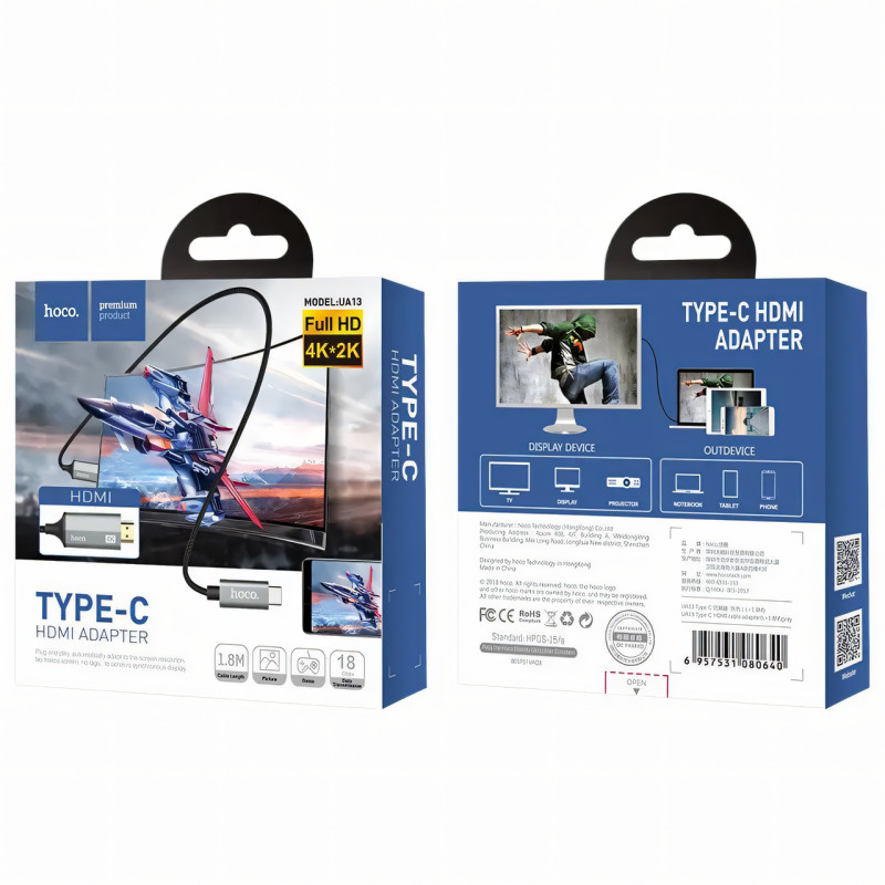 Кабель-переходник HOCO UA13 Type-C на HDMI 4K, Full HD 4K/2K, адаптер 1.8 м из нейлона и алюминия фото - 7