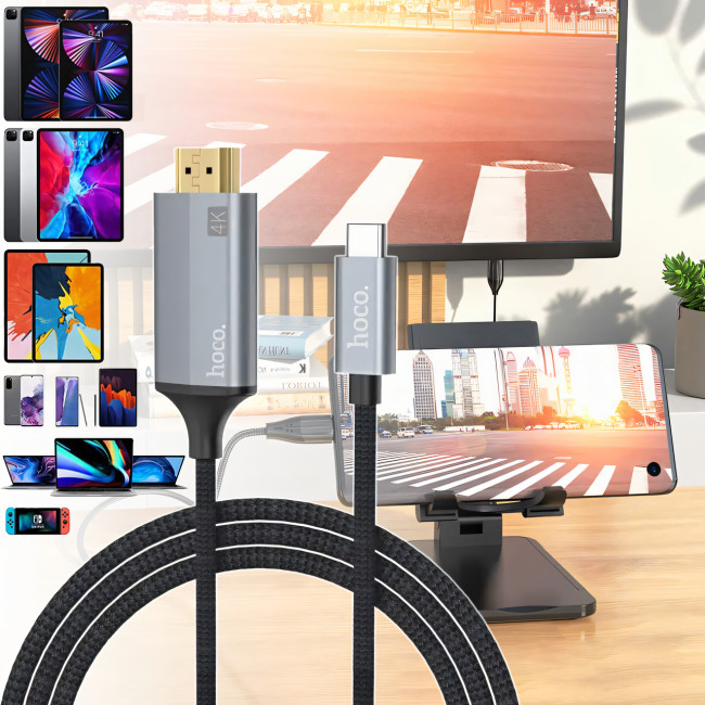 Кабель-переходник HOCO UA13 Type-C на HDMI 4K, Full HD 4K/2K, адаптер 1.8 м из нейлона и алюминия