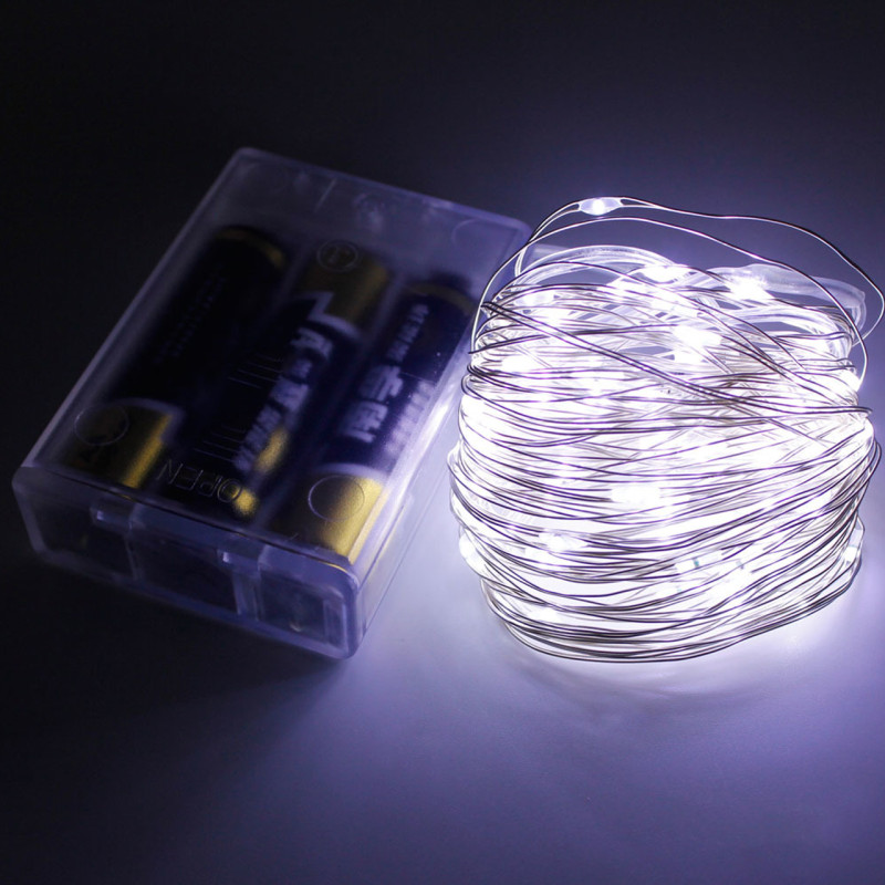 Светодиодная гирлянда нить 5м на батарейках АА-3 шт, провод-серебро, цвет ламп-Белый фото - 2