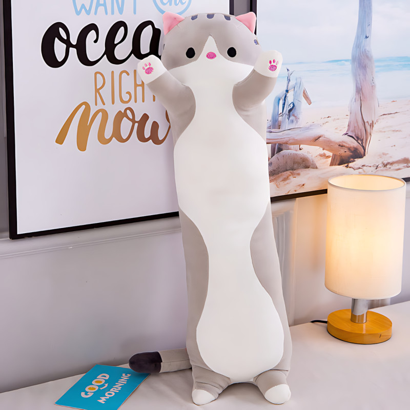 Игрушка подушка Кот Батон, плюшевая антистресс обнимашка DOLL 1498 на молнии, серый/рыжий фото - 6