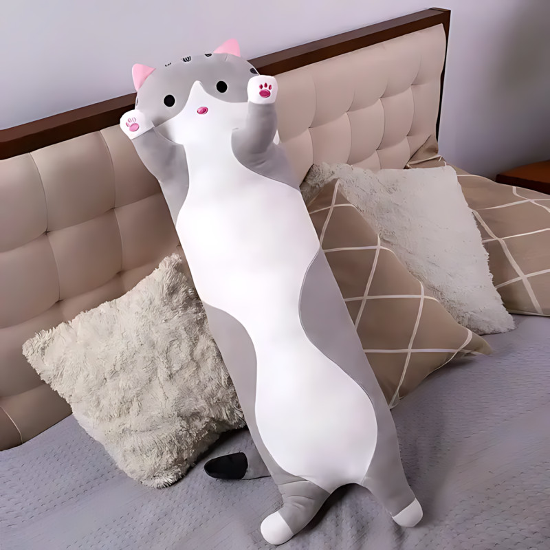Игрушка подушка Кот Батон, плюшевая антистресс обнимашка DOLL 1498 на молнии, серый/рыжий фото - 7