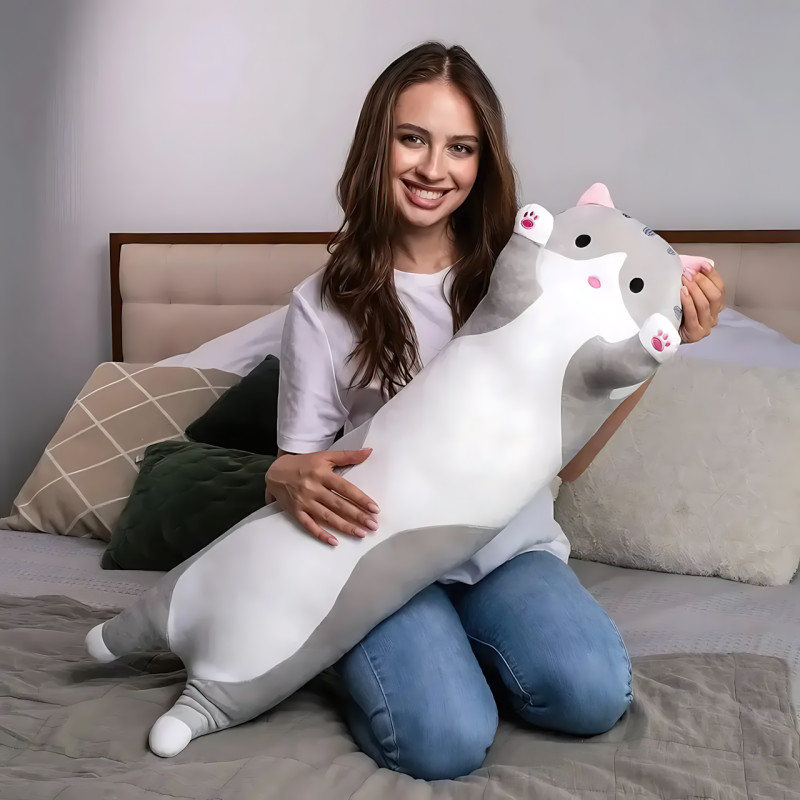Игрушка подушка Кот Батон, плюшевая антистресс обнимашка DOLL 1498 на молнии, серый/рыжий фото - 9