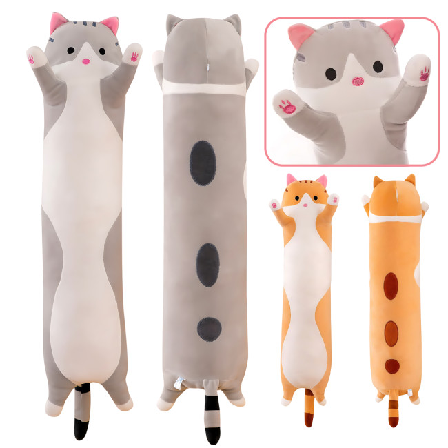 Игрушка подушка Кот Батон, плюшевая антистресс обнимашка DOLL 1498 на молнии, серый/рыжий