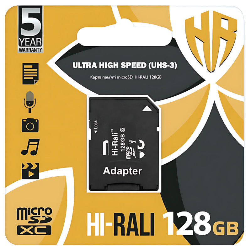 Картка пам'яті Hi-Rali MicroSDXC & Adapter, інтерфейс UHS-3, швидкість Class 10, об'єм 128Gb, Black фото - 4