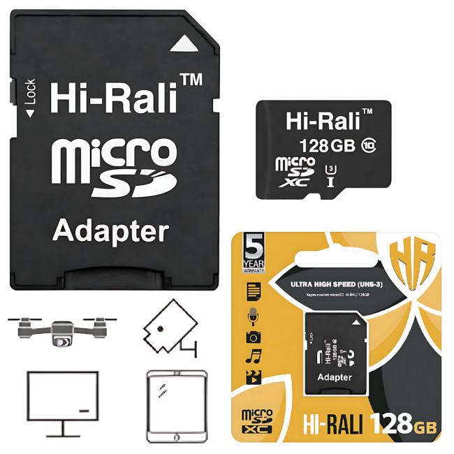 Картка пам'яті Hi-Rali MicroSDXC & Adapter, інтерфейс UHS-3, швидкість Class 10, об'єм 128Gb, Black