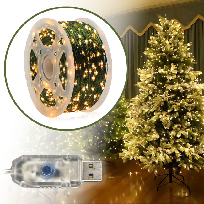 Гірлянда Роса ЗЕЛЕНА USB 20 м, 200 LED, на гнучкому зеленому дроті, 8 режимів, IP20, декоративна мікрогірлянда AND 5336