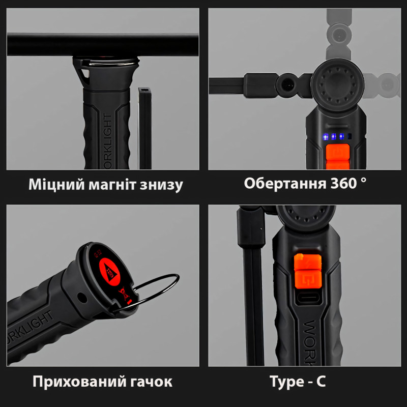 Фонарик на магните BL G61. Прорезиненный корпус, с крючком. USB-зарядка. Поворот 360° и 4 режима работы фото - 2