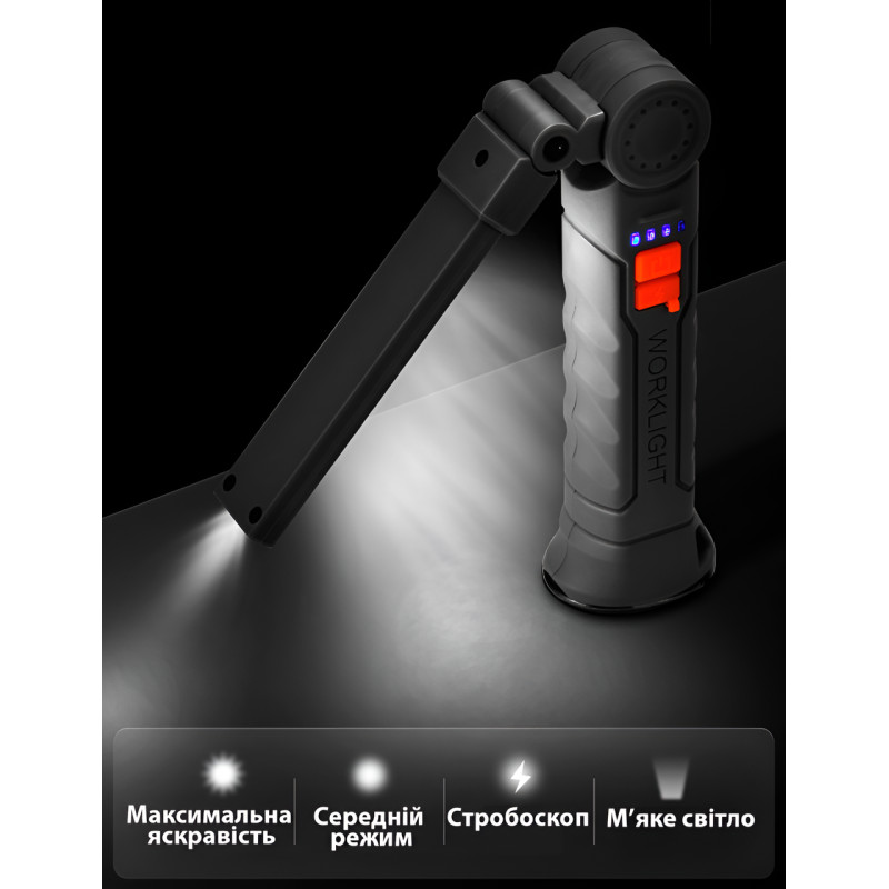 Фонарик на магните BL G61. Прорезиненный корпус, с крючком. USB-зарядка. Поворот 360° и 4 режима работы фото - 3