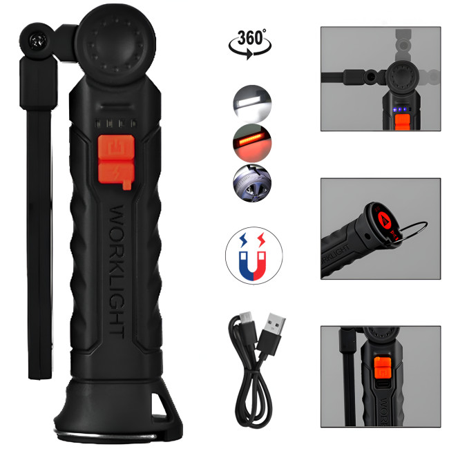 Фонарик на магните BL G61. Прорезиненный корпус, с крючком. USB-зарядка. Поворот 360° и 4 режима работы