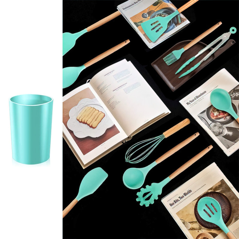 Набір кухонного приладдя Kitchen Set на 12 предметів, з харчового силікону, до 230 градусів Бірюзовий фото - 3