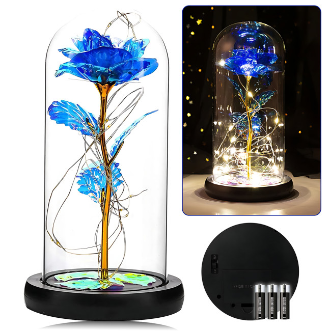 Ночник &laquo;Вечная роза&raquo; AT-02MG в стеклянной колбе, голубая, 18 см, LED-подсветка, декоративные лепестки в основании, от батареек AAA