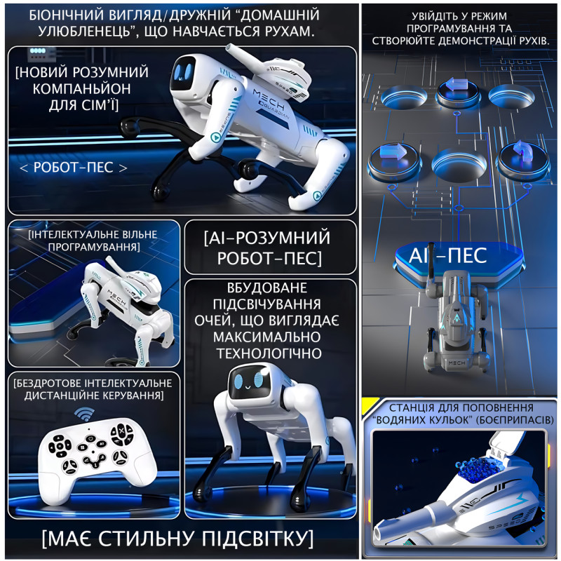 Інтерактивний робот-собака Mech Guardian QF660-2 з RC-пультом, застосунком, музикою, підсвіткою, кульками, рухами, акумулятором фото - 7