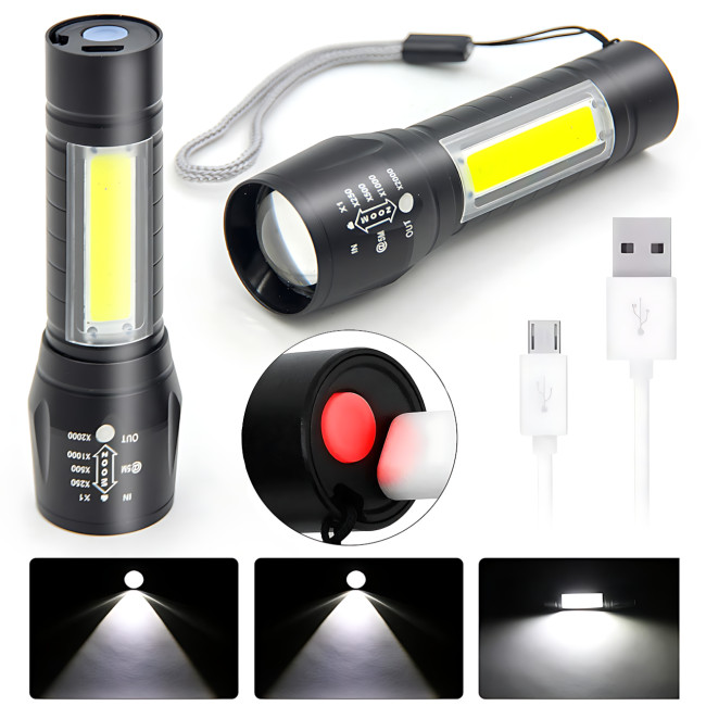 Фонарь тактический ручной аккумуляторный BL-511, USB с 3 режимами света и боковыми диодами CОВ