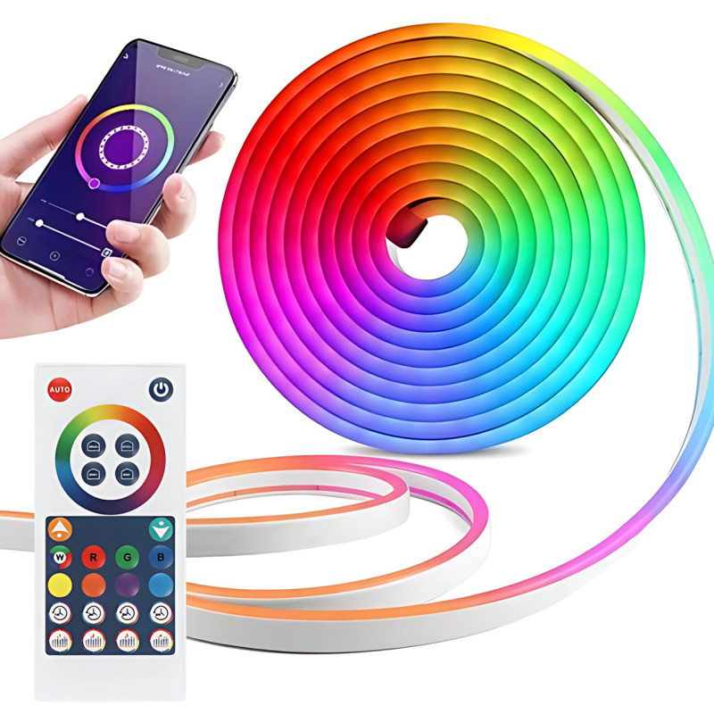 Гибкая светодиодная неоновая лента RGB 2м Wi-Fi Music Sync 12–24В, с пультом, приложением, диммером, силиконовая, 84 LED, IP67 фото - 7