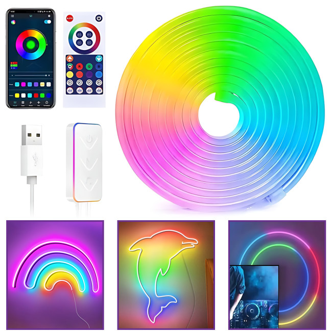 Гибкая светодиодная неоновая лента RGB 2м Wi-Fi Music Sync 12–24В, с пультом, приложением, диммером, силиконовая, 84 LED, IP67