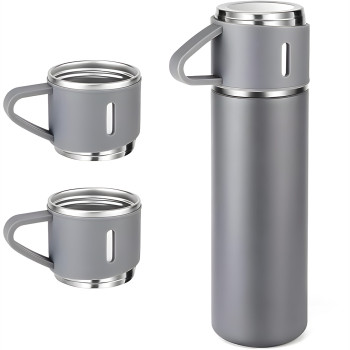 Термос с вакуумной изоляцией, Подарочный набор с 2 чашкам (500 мл )Vacuum flask set Серый