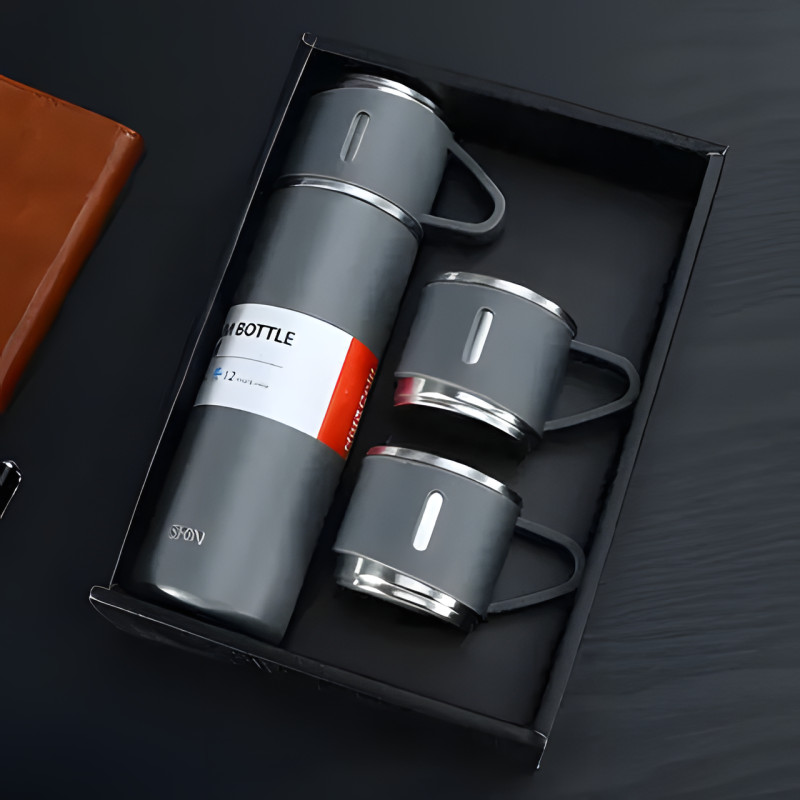 Термос с вакуумной изоляцией, Подарочный набор с 2 чашкам (500 мл )Vacuum flask set Серый фото - 2