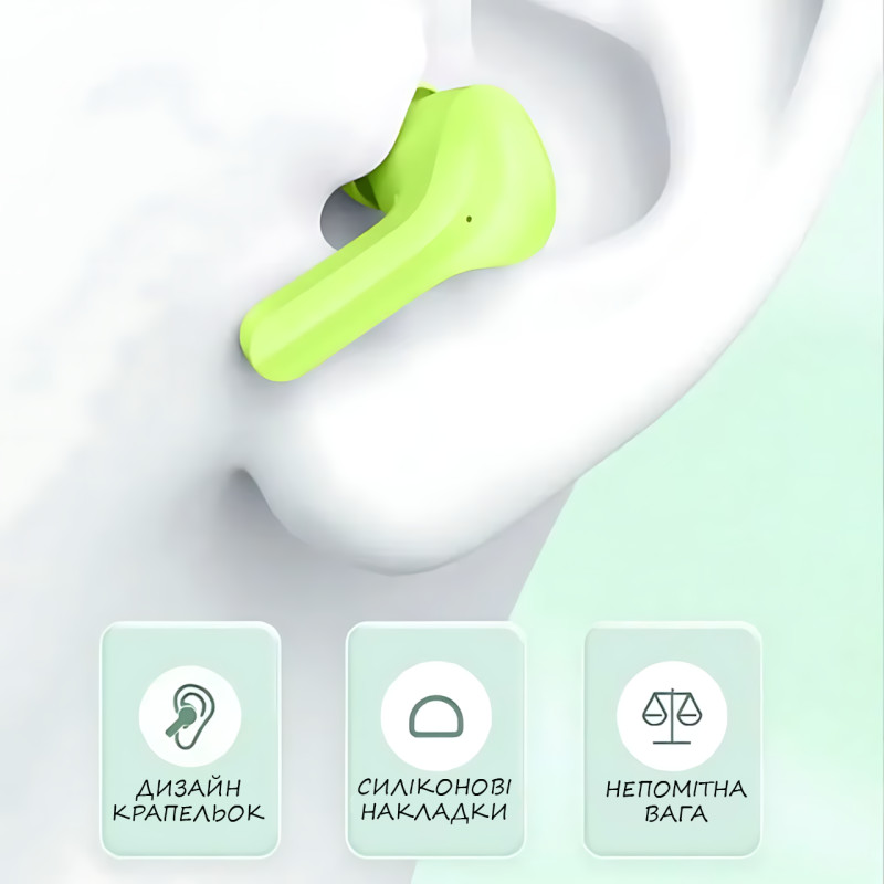 Бездротові навушники Bluetooth ultrapods з мікрофоном, 250 мА·год, сумісні з Android і Apple, діапазон 10 м Зелений фото - 3