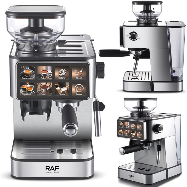 Полуавтоматическая кофемашина RAF R0206 с двойным бойлером, 20 бар, 1.8 л, капучинатор, эспрессо/латте, 1600 Вт, нержавеющая сталь