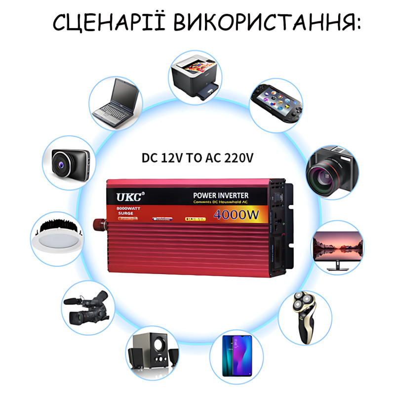 Автомобильный инвертор UKC AR 4000W 24V&rarr;220V с плавным пуском, USB 5V, пиковая мощность 8000W, 2 вентилятора, защита, алюминиевый фото - 10