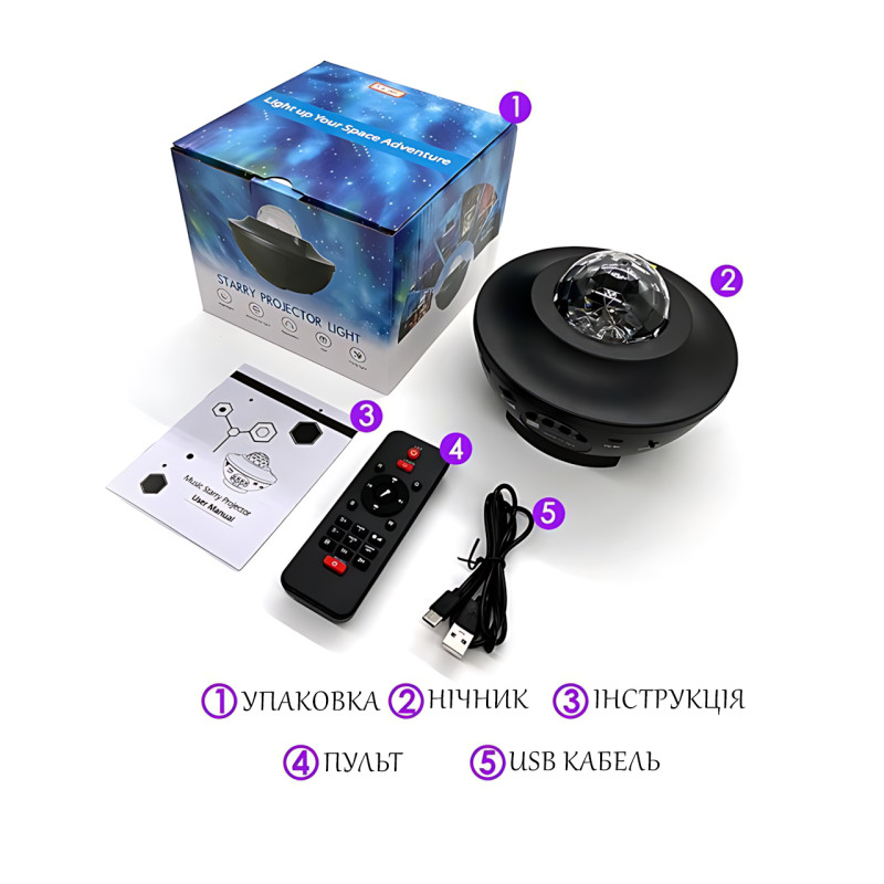 Дитячий зоряний нічник проєктор Галактика AND 991 з USB і Bluetooth, вибором яскравості та таймером фото - 8