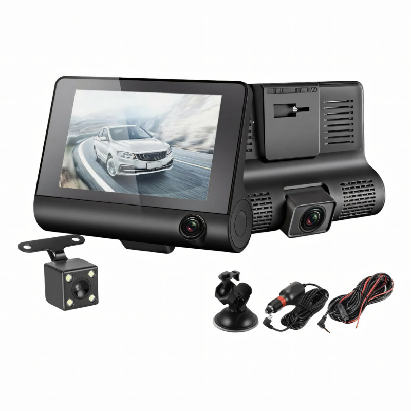 Авторегистратор DVR T-655 Full HD с 3 объективами, видеорегистратор в машину 4 дюйма с камерой заднего вида фото - 8