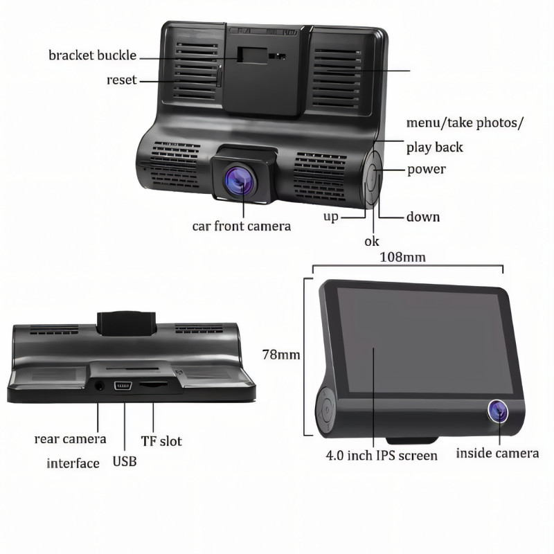 Авторегистратор DVR T-655 Full HD с 3 объективами, видеорегистратор в машину 4 дюйма с камерой заднего вида фото - 4