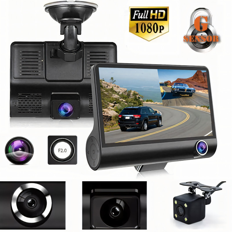 Авторегистратор DVR T-655 Full HD с 3 объективами, видеорегистратор в машину 4 дюйма с камерой заднего вида фото - 2