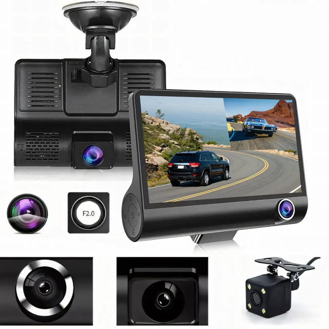 Авторегистратор DVR T-655 Full HD с 3 объективами, видеорегистратор в машину 4 дюйма с камерой заднего вида