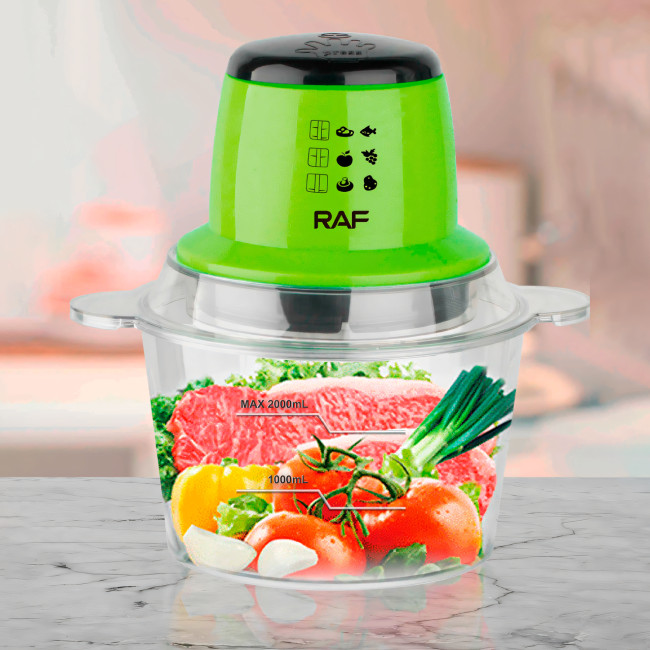 Кухонный блендер RAF R. 7039, измельчитель 600 Вт, мясорубка для фруктов, овощей с чашей 2 л, салатовый чоппер