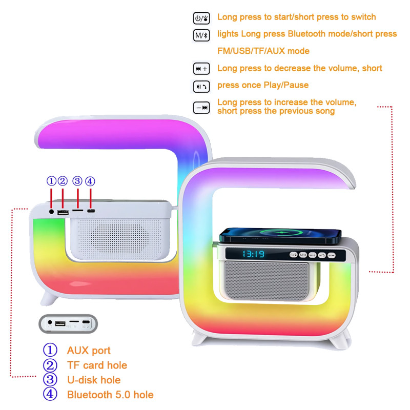 Многофункциональный ночник RGB G3 с беспроводной зарядкой и колонкой фото - 8