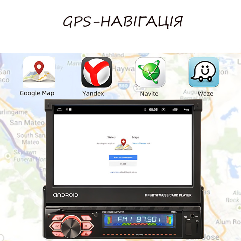 Автомагнітола 1DIN Android 9.0, 7" сенсорний екран, Wi-Fi, BT, 2+32 GB, Carplay, AHD, SRC фото - 6