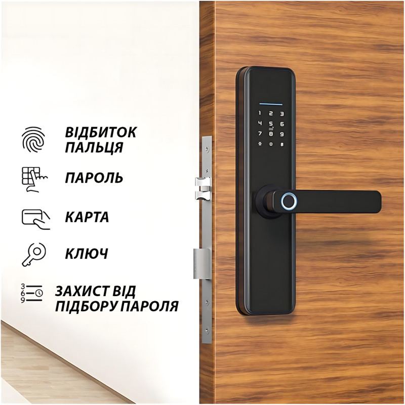 Розумний дверний замок із відбитком пальця, цифровий біометричний замок, 4 способи відкривання, чорний фото - 9