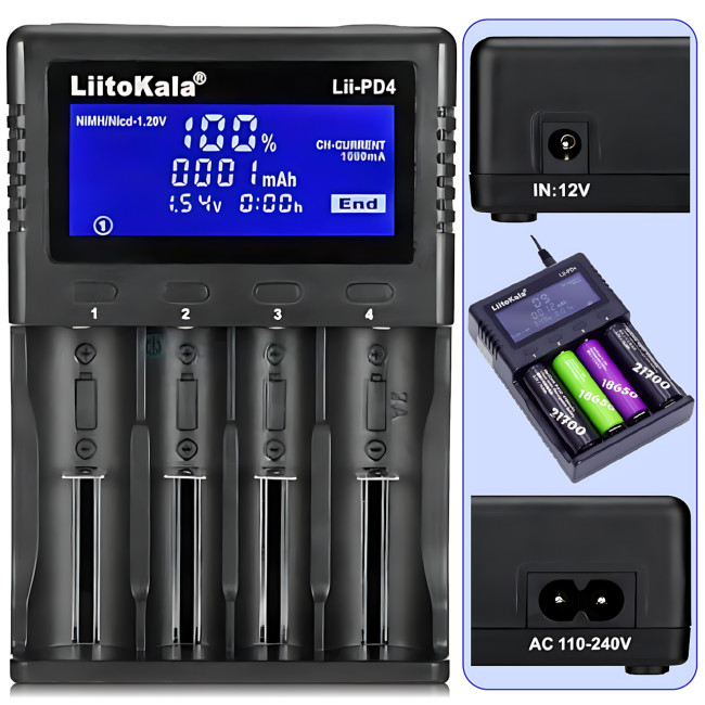 Интеллектуальное зарядное устройство LiitoKala Lii-PD4 на 4 слота, с LCD дисплеем, универсальная совместимость