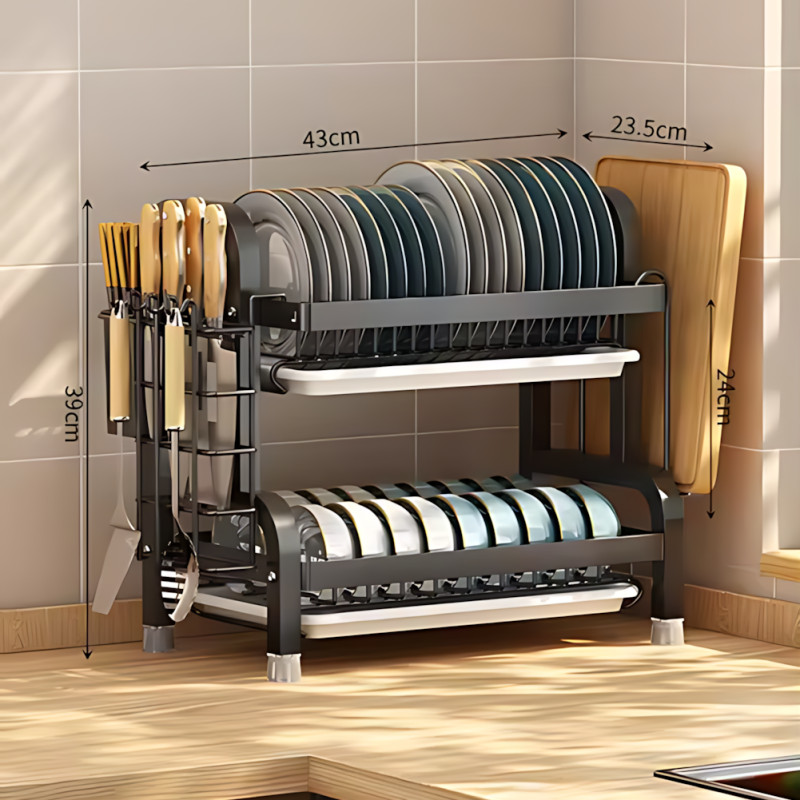 Сушарка для зберігання посуду та ножів Dish Storage With Knife, двоярусна, 43x23x39 см, металева, чорний фото - 6